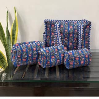 Rani Vines Block Print Quilted Cotton Tote Bag With Pouch Set Of 4 Blue 15"X15"