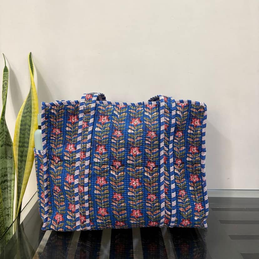 Rani Vines Block Print Quilted Cotton Tote Bag With Pouch Set Of 4 Blue 15"X15" view 2