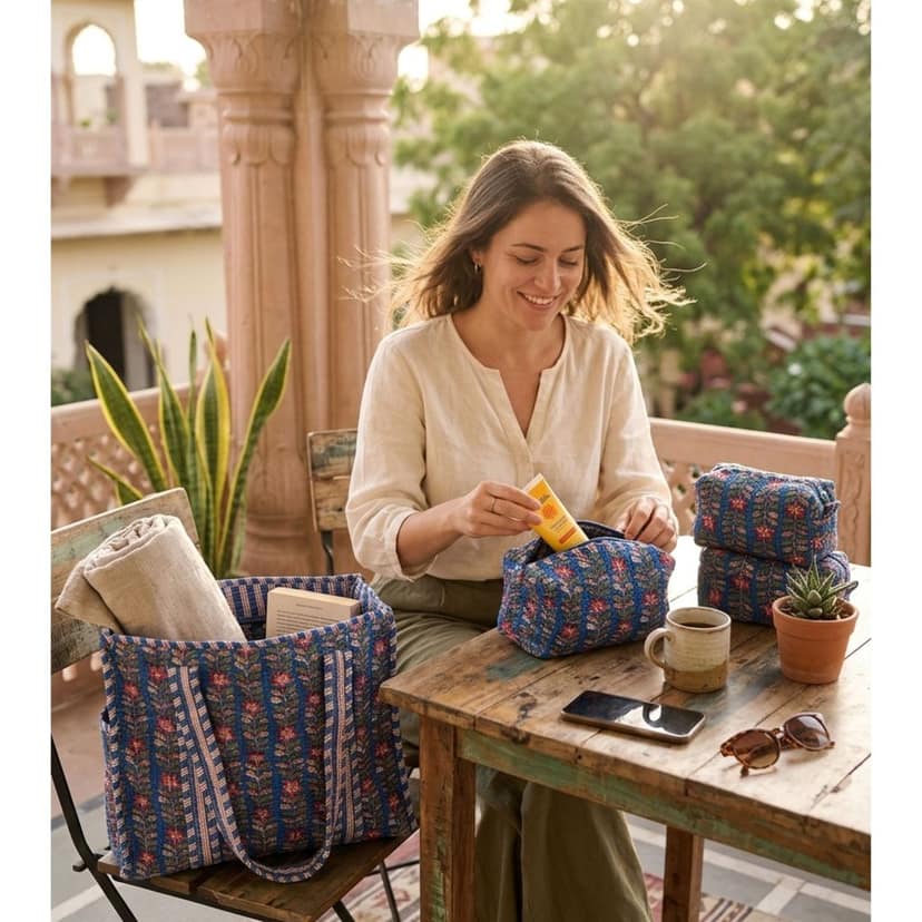 Rani Vines Block Print Quilted Cotton Tote Bag With Pouch Set Of 4 Blue 15"X15" view 5