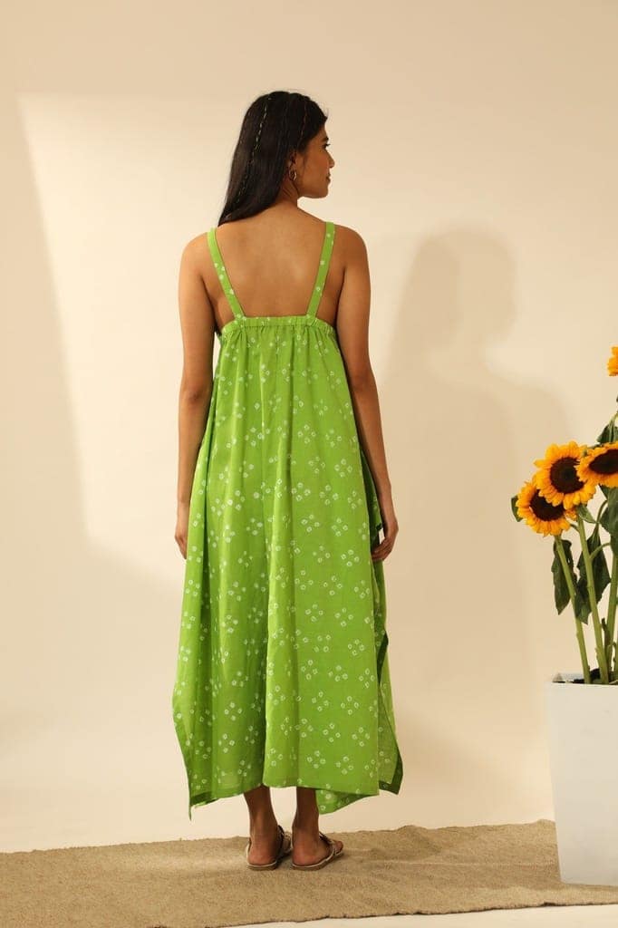 Bandhani Strappy Long Dress In Lime Green view 6
