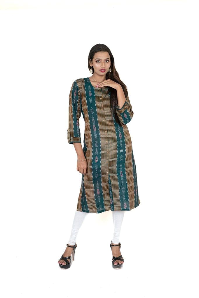 GHL GUENDICHA HAAT Sambalpuri Certified Handloom Women's Pure Cotton Round Neck Front Slit Kurta