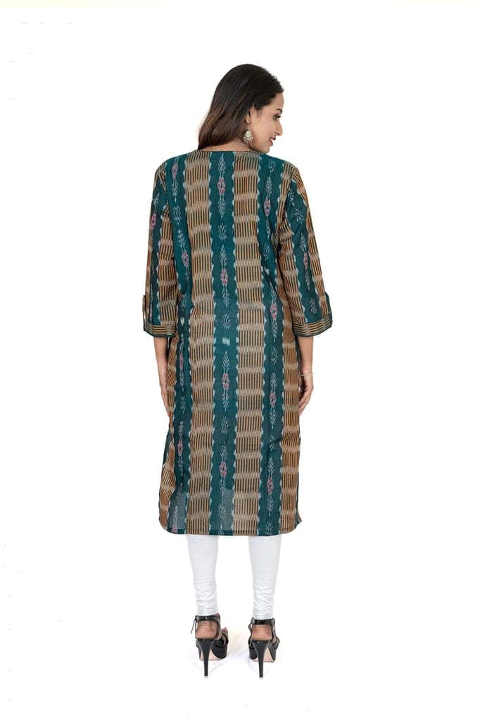 GHL GUENDICHA HAAT Sambalpuri Certified Handloom Women's Pure Cotton Round Neck Front Slit Kurta view 4