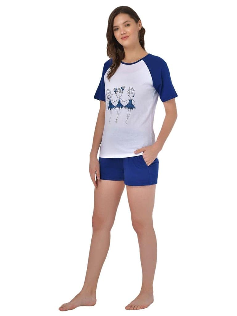 Klamotten Women's White Blue Graphic Printed Top Shorts Set GM01Nr view 3