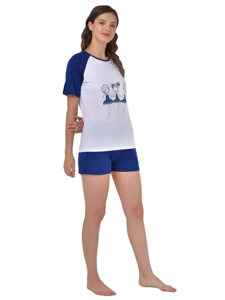 Klamotten Women's White Blue Graphic Printed Top Shorts Set GM01Nr view 4