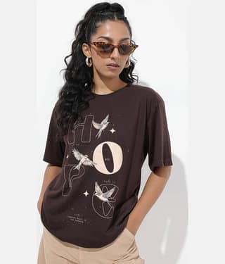 Diversify Women Cotton Blend Printed Oversized Fit Round Neck T-Shirt ( Brown )