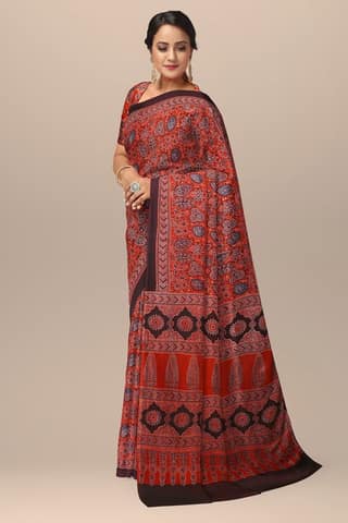 Black Geometrical Pattern Ajrakh Hand Block Print Modal Silk Saree SKU-BS10071