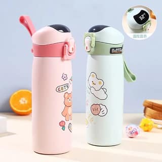 Insulated Sipper Bottle for Kids Stainless Steel, Character Printed Vacuum Hot & Cold Bottle with Temperature Display on the Top | 450 ML | Assorted Prints | Box Packing- Pack of 2