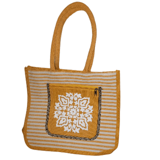 Striped Jute Tote Bag with Embroidered Flower