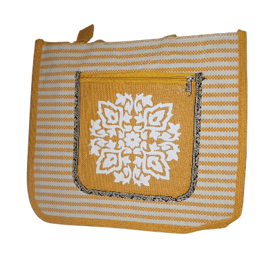 Striped Jute Tote Bag with Embroidered Flower view 2