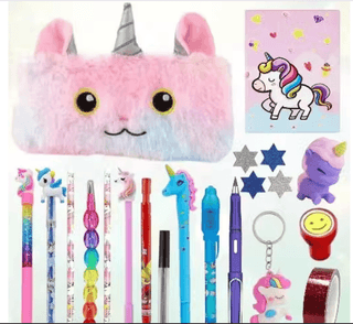 Kids School Stationery Set with Pouch, Pencil Colours & Unicorn Keyring