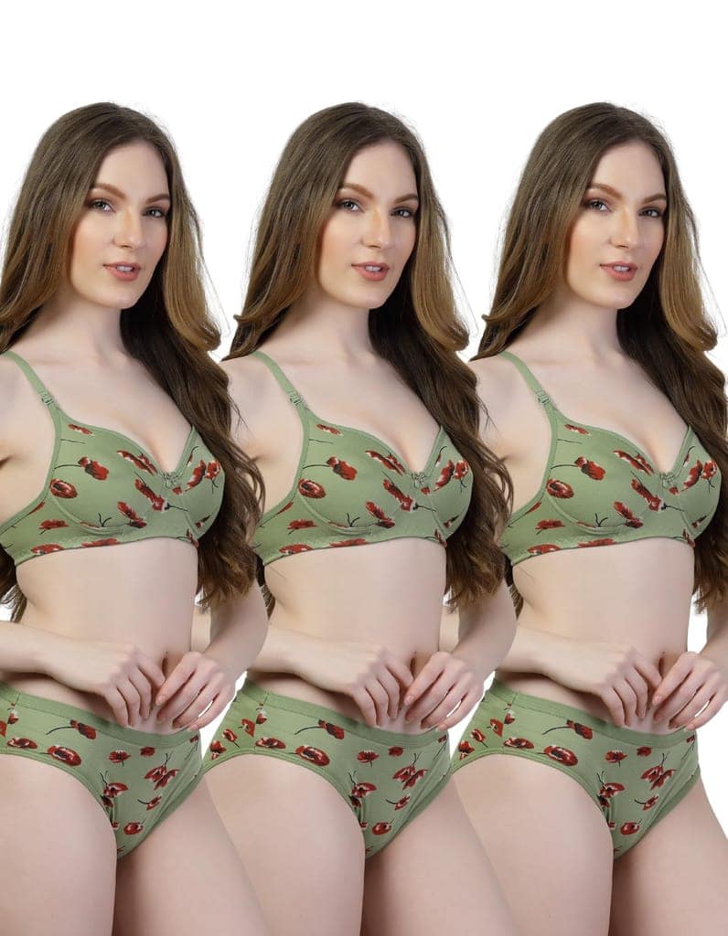 ADORNSTAR Bra Panty Set Sexy Lingerie Set for Women Pack of 3 Green
