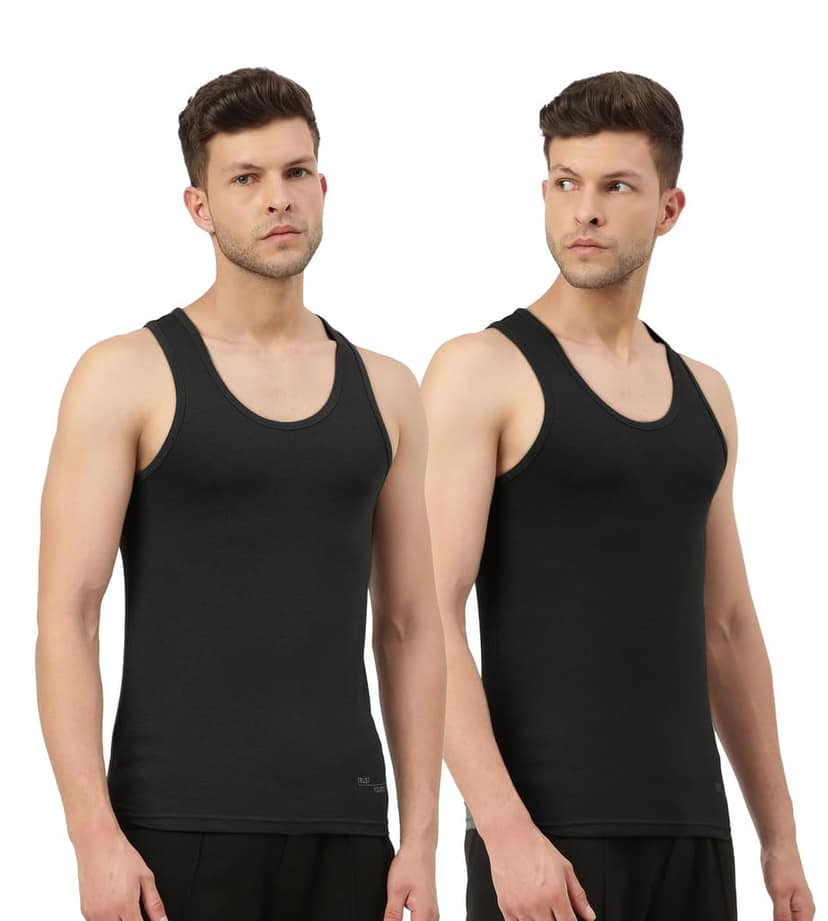 Freecultr Vest for Men | Bamboo Sleeveless, Super Soft Round Neck Gym Comfort Vest | Workout Regular Fit Innerwear | Breathable Sando with Long Hemline Pack of 2-Black,Black