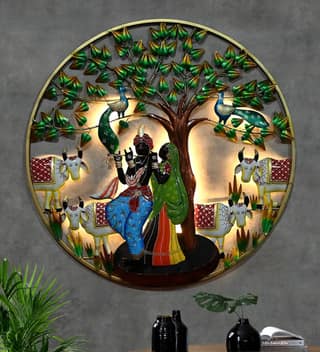 Indraj Premium Craft Handcrafted Radha Krishna Metal Wall Art With LED | Decorative Wall Hanging with Tree, Peacock & Cows | Traditional Indian Handmade Wall Décor for Home, Living Room, Bedroom & Office (28 In X 28 In, Multicolor)