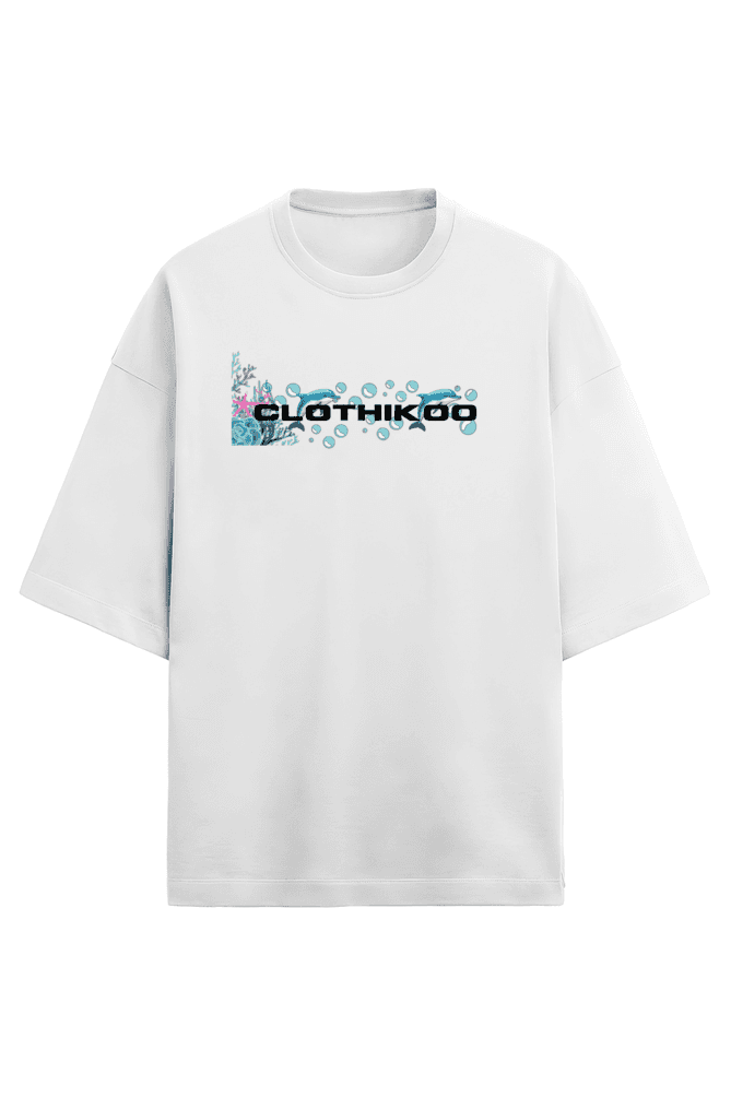Clothikoo Oversized T-Shirt (Dolphin Print, 100% Cotton, 240 GSM, White Colour) view 2