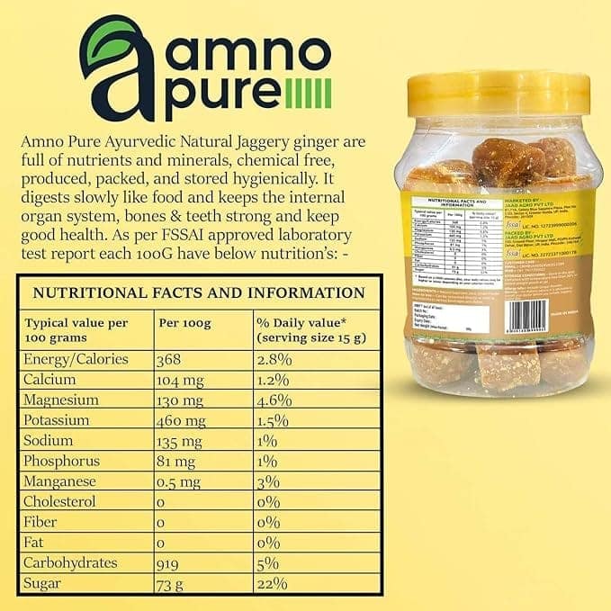 Amno Pure Natural Sugar Cane Jaggery 10G Cube with Ginger | Cholestrol free, Fat free, Full of Nutrients & 100% Natural - 500G Pet Jar view 6