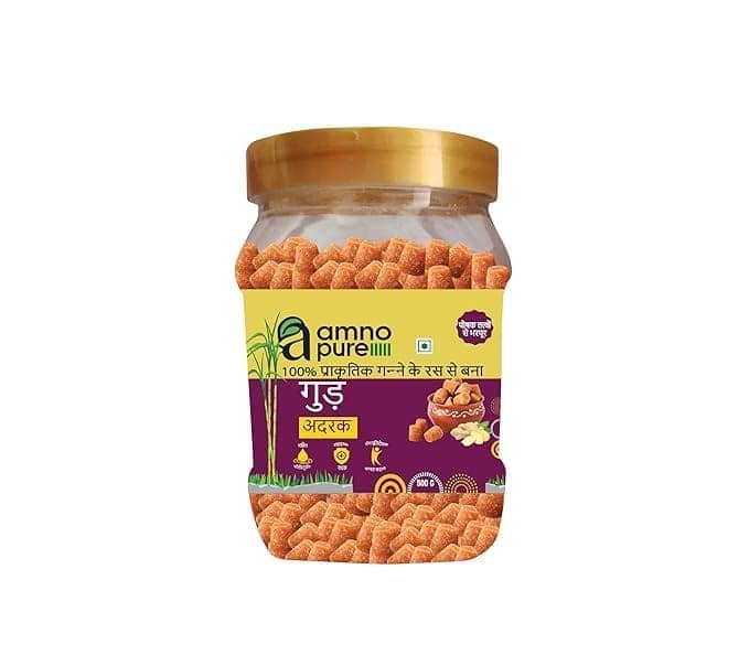 Amno Pure Natural Sugar Cane Jaggery 10G Cube with Ginger | Cholestrol free, Fat free, Full of Nutrients & 100% Natural - 500G Pet Jar view 7