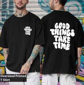 Scott Fincher Oversized Men's Casual Short Sleeve T-Shirt with "Good Things Take Time" Print : AA(ARN)BLACK_62