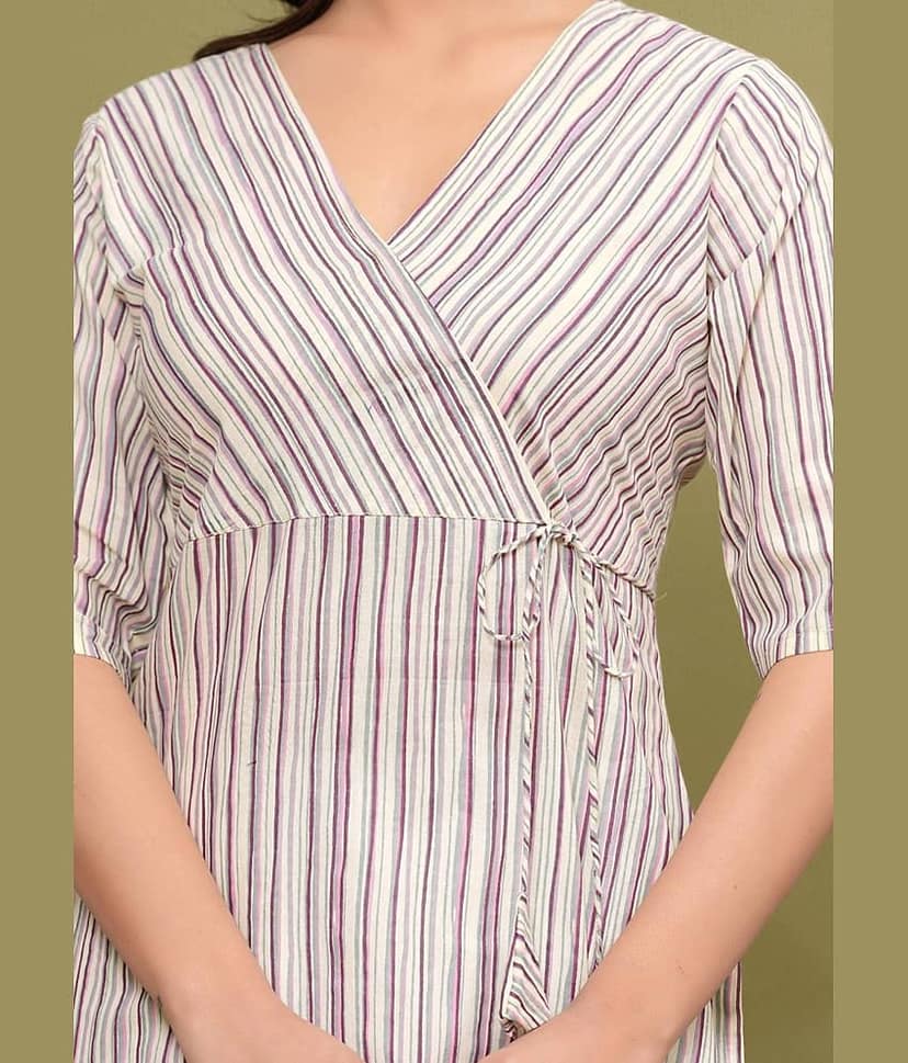 Glorious Cotton Striped Angrakha Women's Kurti - Beige ( Pack of 1 ) view 2