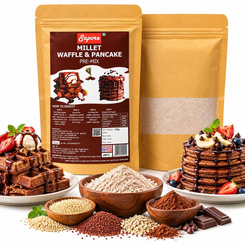 Sapore Millet Waffle & Pancake Pre-Mix 250 g | Ragi and Jowar-Based Chocolate Waffle & Pancake Mix view 3