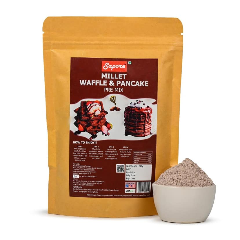 Sapore Millet Waffle & Pancake Pre-Mix 250 g | Ragi and Jowar-Based Chocolate Waffle & Pancake Mix view 4