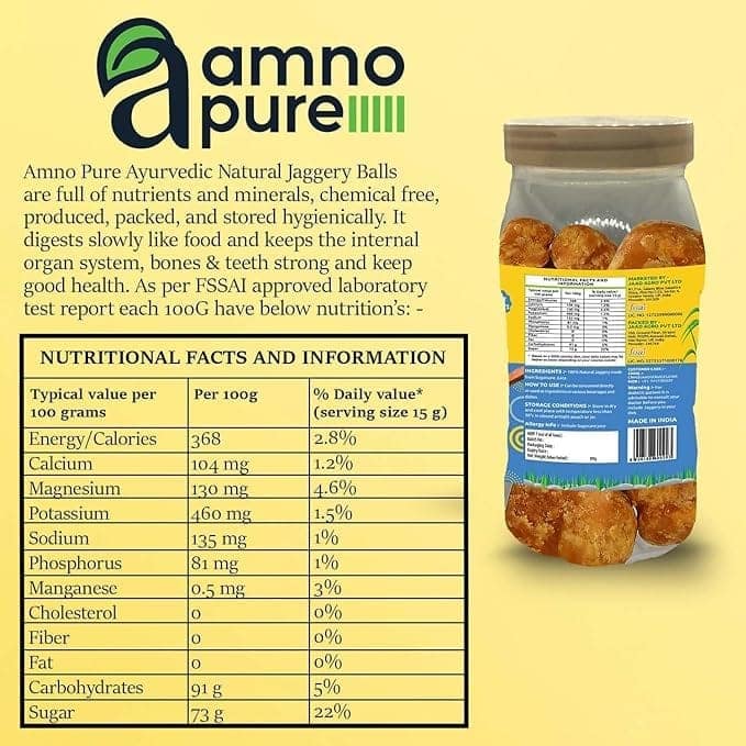 Amno Pure Natural Suagar Cane Jaggery 100G Balls | Cholestrol free, fat free, Full of Nutrients & 100% Natural - 900G Pet Jar view 3