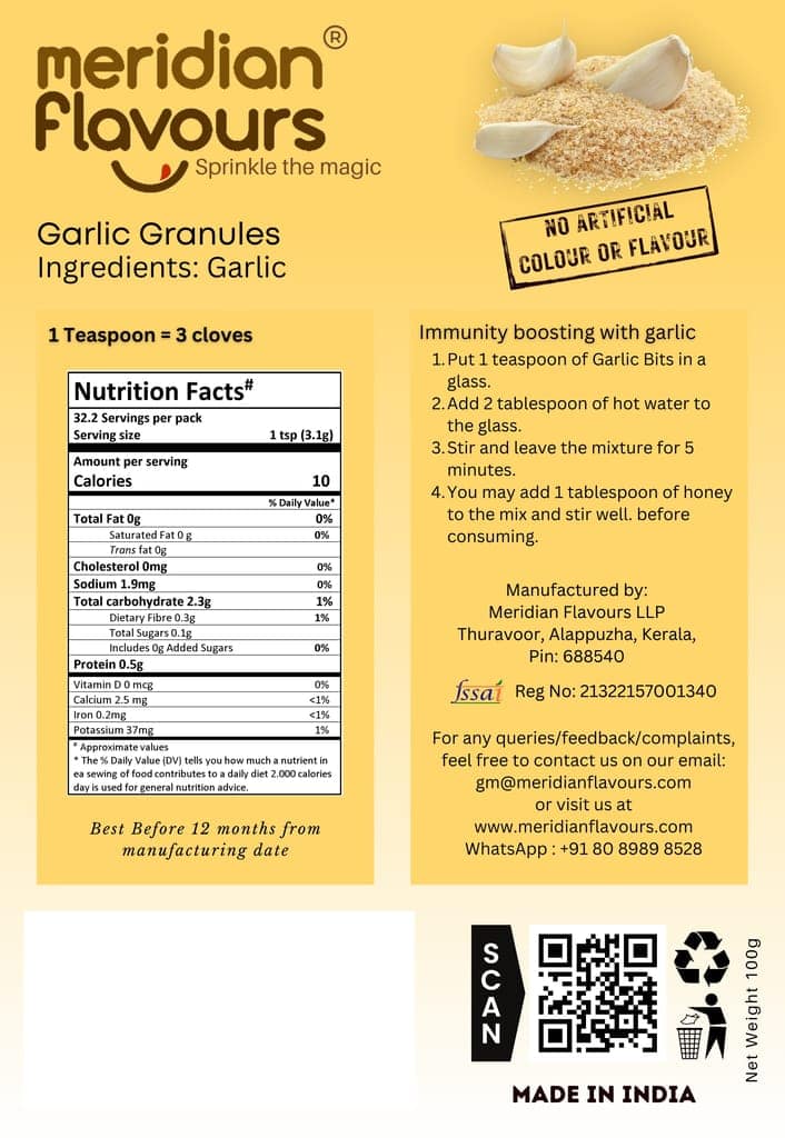 Meridian Flavours Dehydrated Garlic Granules | Washed and Cleaned | Outer Skin Removed | 100% Natural and Preservatives Free | 1 Teaspoon Granules = 3 Garlic Cloves | (Garlic Granules, 50gm/100gm) view 4
