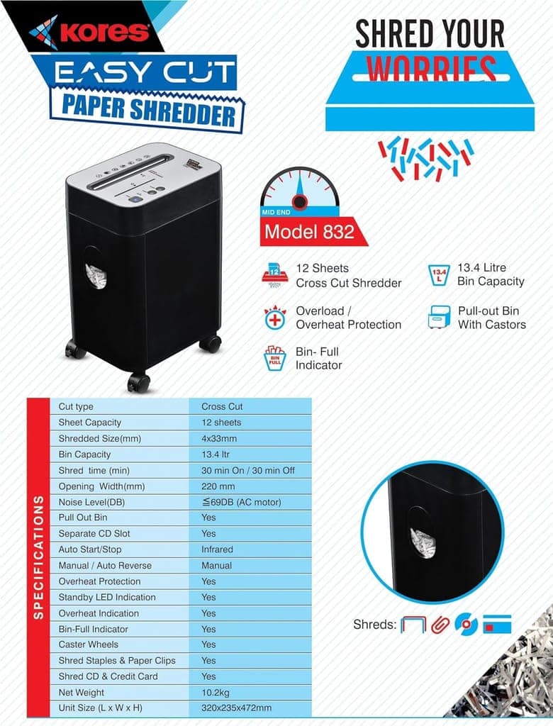 Kores Easy Cut 832 Paper Shredder - 12 Sheets, Multicolor view 3