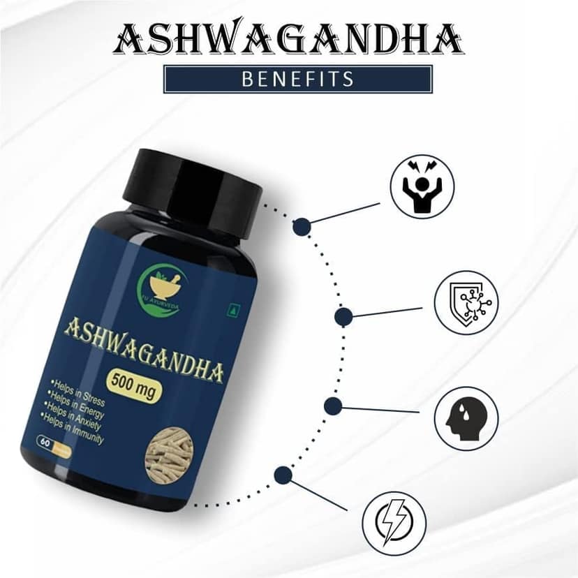 FIJ AYURVEDA Ashwagandha Capsule Helps in Anxiety & Stress Relief for Men & Women - 500mg 60 Capsules view 2