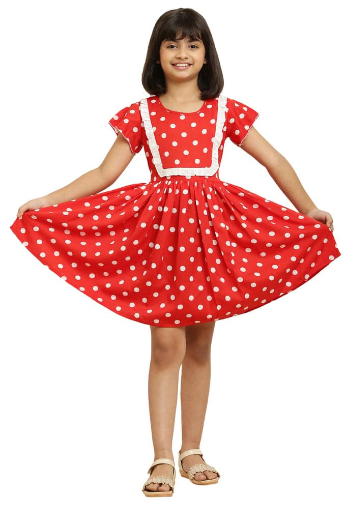 Tripti Enterprises Girls ethnic Printed Frock-Red Dot with Lining & Frill. view 6