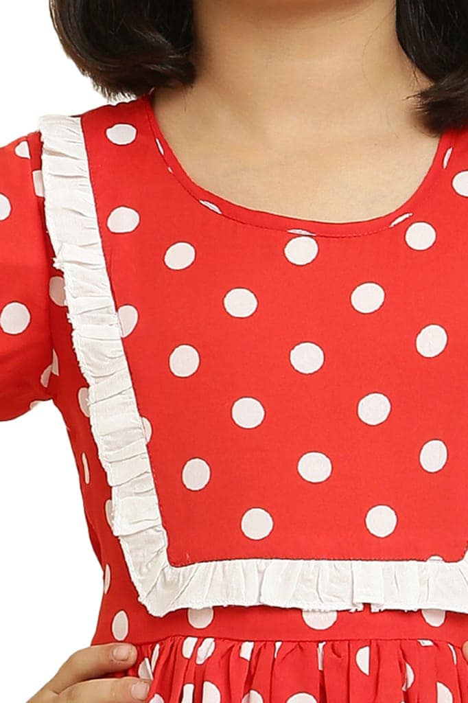 Tripti Enterprises Girls ethnic Printed Frock-Red Dot with Lining & Frill. view 7