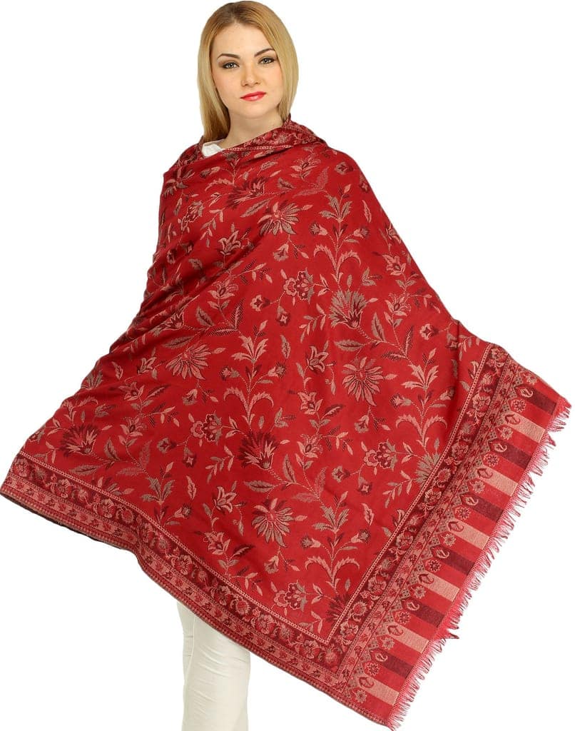Deep-Claret Reversible Jamawar Shawl with Woven Paisleys view 2