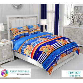 Black Bee Teddy Print On Blue Base Double Bedsheet With 2 Pillow Covers (208 X 213 Cm)(Bs32-03)