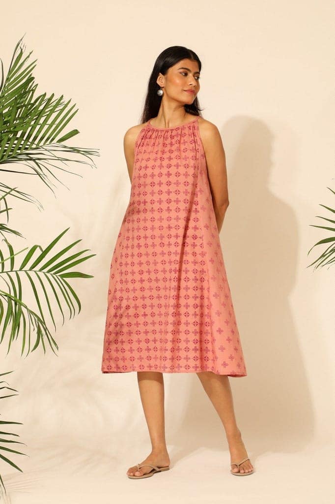 Tiera Pink Block Printed A-line Sleeveless Dress view 2