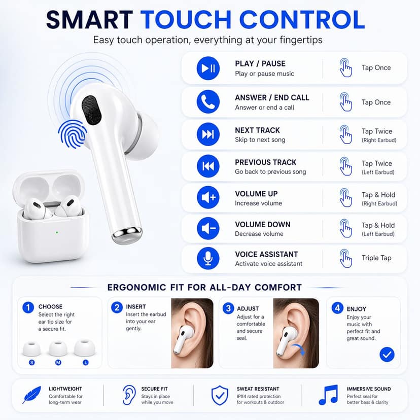 Tarendra Pack of 2 TWS Wireless Earbuds Bluetooth 5.3 with Touch Control | Type-C Fast Charging Earbuds with Deep Bass & Mic view 6