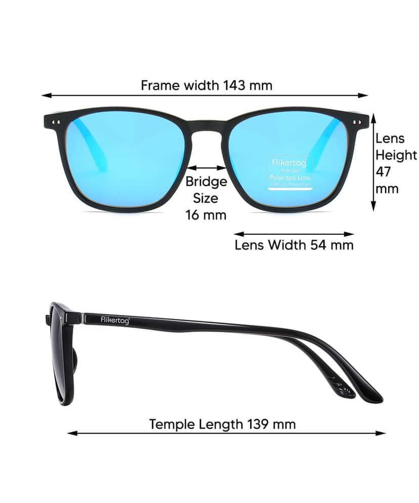 Flikertag Polarized Sunglasses With UV Protection For Men & Women | HD vision with Mirror Lens [FTS 561 F2 Square/Wayfarer Matte Black Frame with Blue Mirror lens, 54mm] view 2