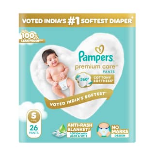 Pampers Premium Care Pant Style Baby Diapers S 26 Count | No Marks Design | Voted Indias #1 Softest Diaper | All in 1 diaper with 360 Cottony Softness