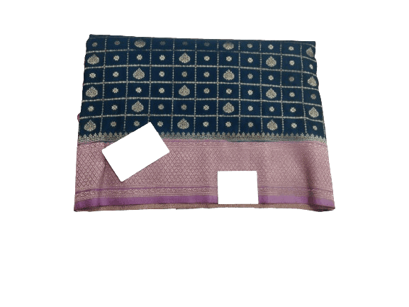 Navy Blue Georgette Saree With Golden Zari Work And Pink Border view 2