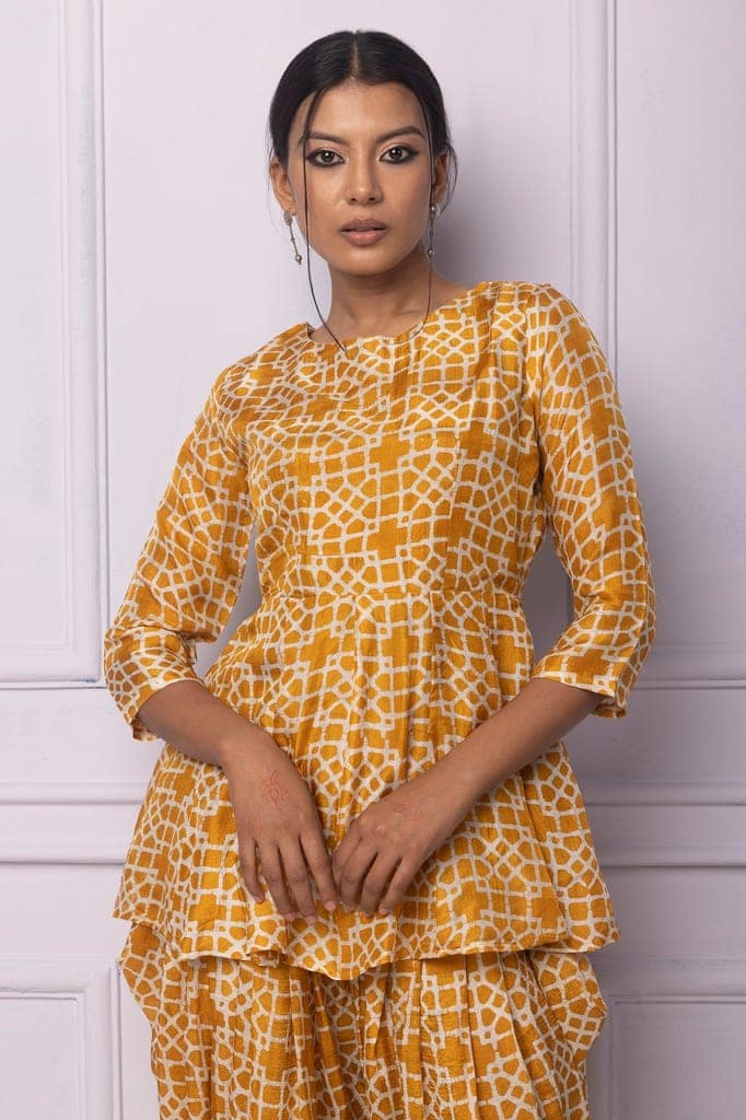 Muddy Yellow Printed Silk Dhoti Kurta Set view 4