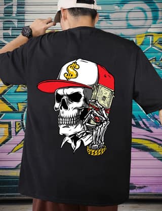 SCOTT FINCHER Men's Casual Hip Hop T-Shirt with Skull Graphic and Money : AA(ARN)BLACK_213