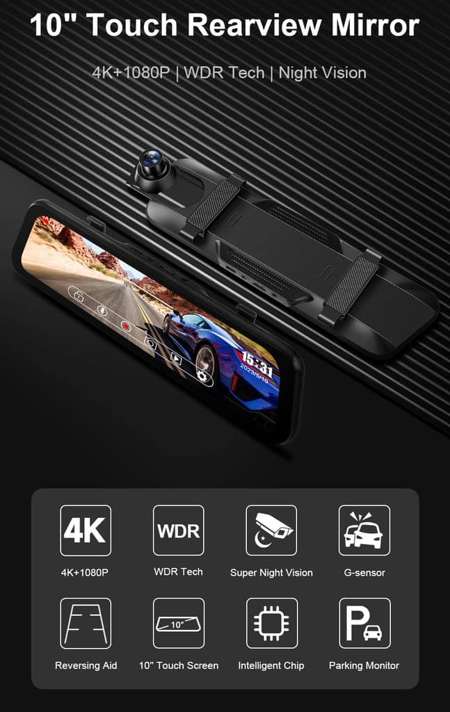 AUSHA 4K UHD Mirror Dash Cam | 10″ Touch Screen, Sony STARVIS Night Vision, GPS & Parking Monitor view 8