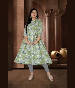 RIAANA Women Cotton Printed Anarkali Kurti ( Light Green )