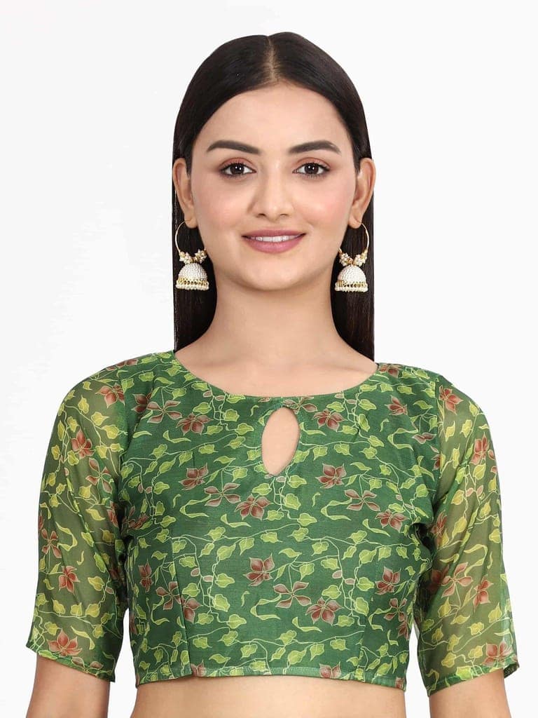 Women's Organza Floral Print Green Saree view 4