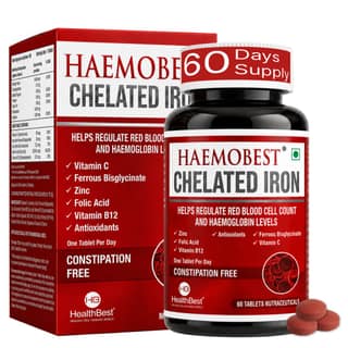 HealthBest Chelated Iron with Vitamin C, Folic Acid, Zinc & Vitamin B12 | Supports Healthy Hemoglobin, Gentle on Stomach - 60 Veg Tablets