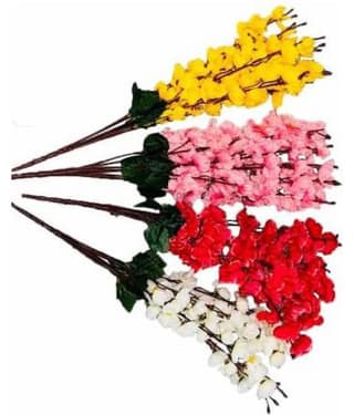 Green plant indoor Orchids Multicolour Artificial Flowers Bunch - Pack of 4