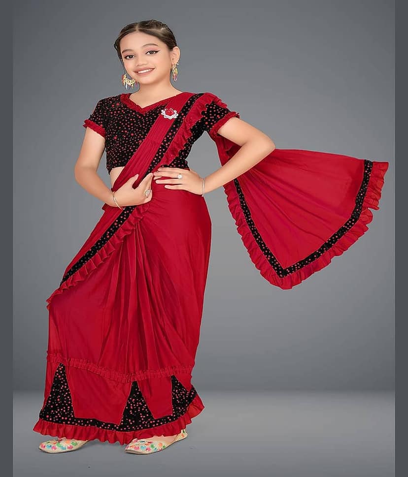 HARPITA Lycra Classic Saree For Girls ( Dark Red , Pack of 1 )