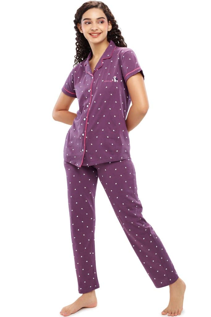 ZEYO Women's Cotton Blue Heart Printed Night suit set view 3