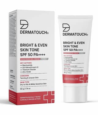 DERMATOUCH Bright & Even Skin Tone SPF 50 PA++++ Sunscreen Gel Cream for Tanning, Uneven Tone & Sun Protection For Dry to Oily & Sensitive Skin 50g