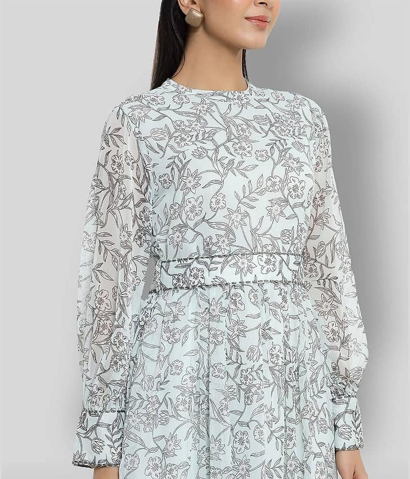 Juniper Women Chiffon Printed Ethnic Dress ( Light Blue ) view 2