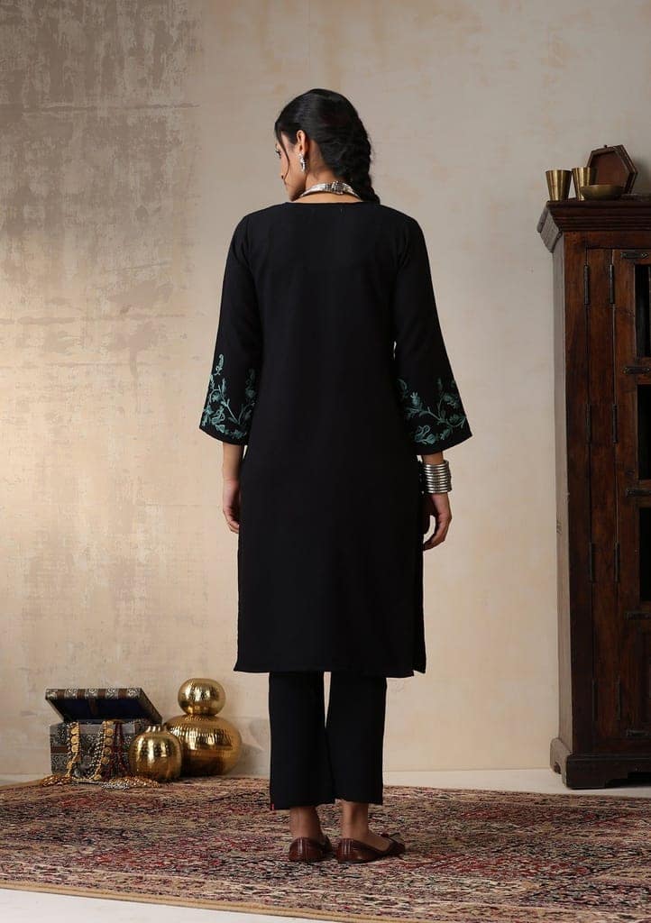HOC Crafts Aari Embroidered Woollen Solid Women's Long Kurta - Black view 8