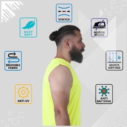 Men's Gym Sleeveless T-Shirt Neon Yellow - Drifit, Quick Dry Sports Tank Top, Sando Vest view 3